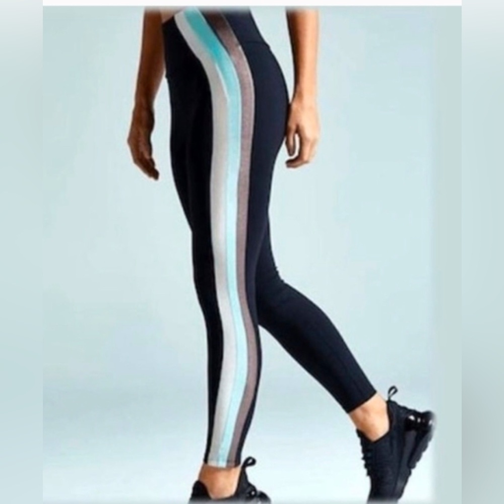 Noli Black Leggings with blue/gray stripe down left leg.